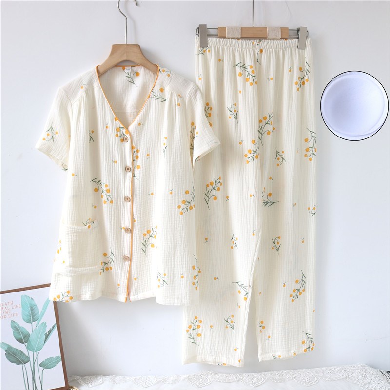 夏季带胸垫短袖长裤睡衣女士开衫全棉纱布日系薄款v领纯棉家居服