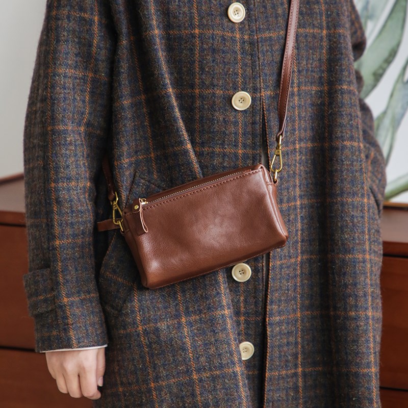 复古植鞣头层牛皮小背包女真皮单肩斜挎包手机包文艺软皮小方包包