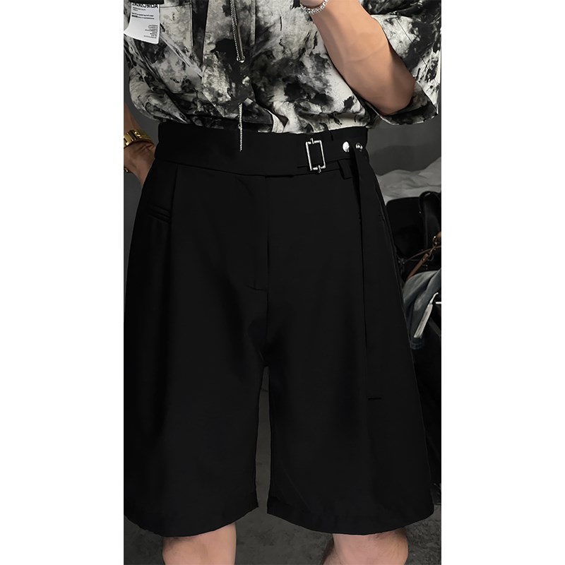 龙叨叨夏季新款潮流高级感腰带卡扣宽松直筒百搭五分短款西裤