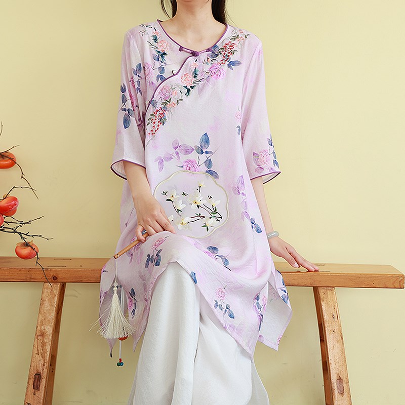 复古新中式刺绣印花茶服T恤女装夏季中长款盘扣上衣宽松禅意小衫