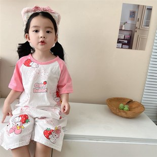 夏季女童纯棉短裤短裤连体裙裤宽松可爱男童卡通AR类100%全棉睡袍