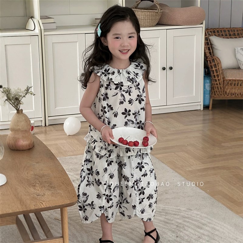 韩国女童碎花满印无袖娃娃套装2025夏季新品宝宝洋气萝卜裤两件套