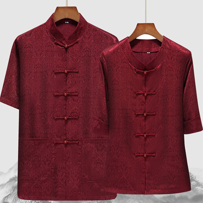 情侣半袖装夏季唐装男女短袖爸爸中老年人中国风结婚礼服过寿生日