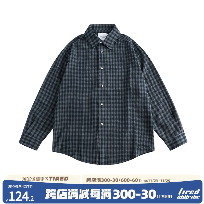 美式复古格子长袖衬衫男春秋季潮流宽松翻领工装衬衣街头休闲上衣