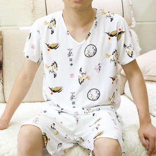 宽松套头人造棉家居服棉绸休闲 绵绸睡衣男夏短袖 短裤 大码 青年薄款