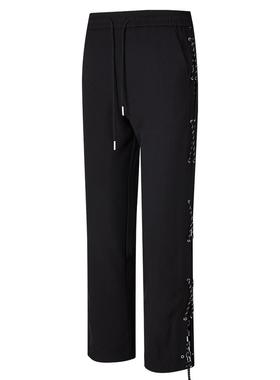 PASALENS复古棋盘格绑带黑色裤子男百搭潮流拼接运动直筒休闲裤