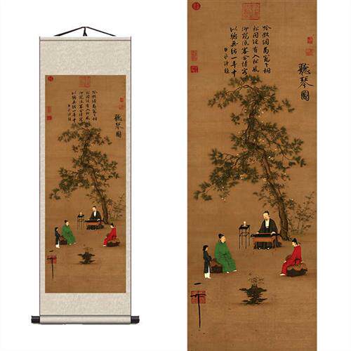 听琴图宋徽宗赵佶国画条幅国画仿古字画卷轴丝绸画宣纸画定制礼品