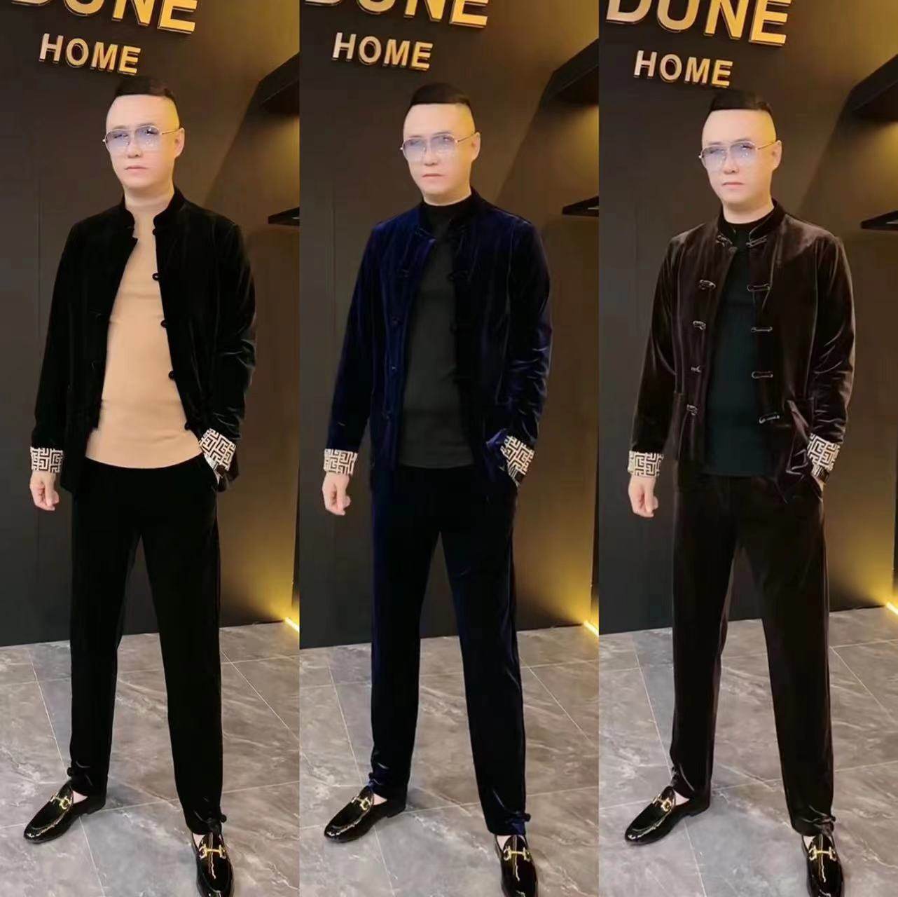 春季男士潮流时尚中国风丝绒套装