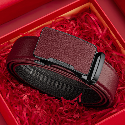 保罗本命年真皮男士皮带自动红色腰带高档牛皮新款裤带结婚礼物