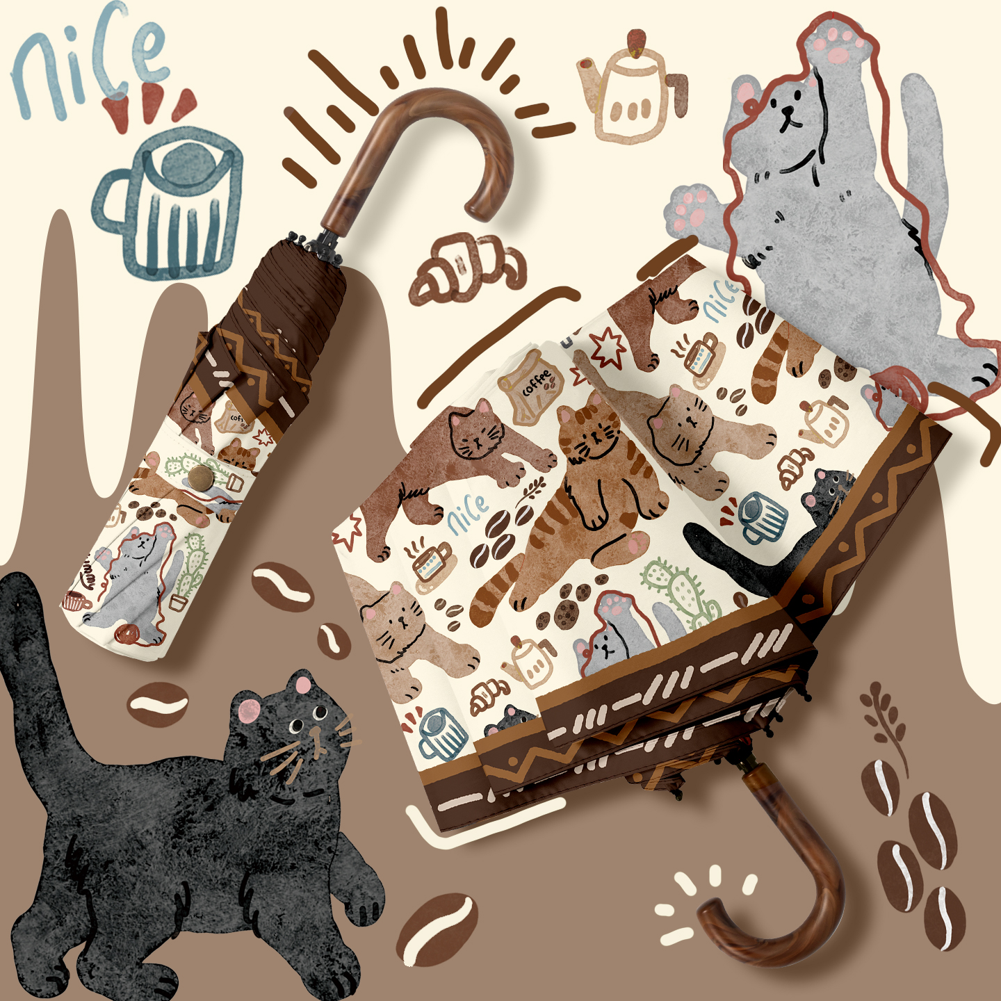 复古咖系晴雨伞两用女弯钩便携折叠学生伞防晒防紫外线遮阳太阳伞