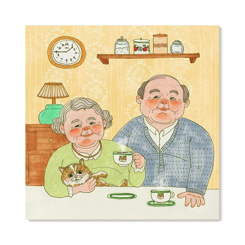 【底价捡漏】温馨可爱老夫老妻艺术插画甜蜜情侣新婚礼物装饰画芯