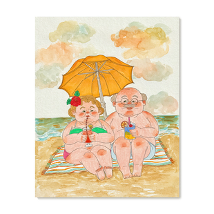 【底价捡漏】温馨可爱老夫老妻艺术插画甜蜜情侣新婚礼物装饰画芯