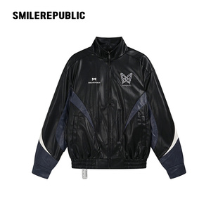 品质长袖 女装 上衣外套 新款 smilerepublic拼色结构PU皮衣2025秋季