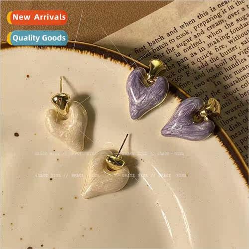 Romantic drip glaze heart earrings female niche earrings stu