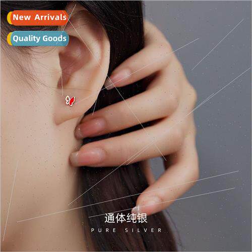S925 silver drop red butterfly earrings Korea simple asymmet