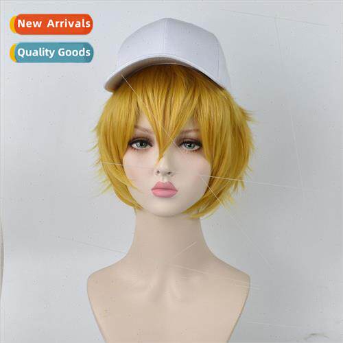 Bump world gold cos wig blonde stick face short hair anime c