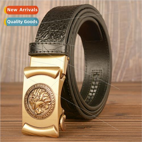 New crocodile pattern men belt cowhide domineering lion head