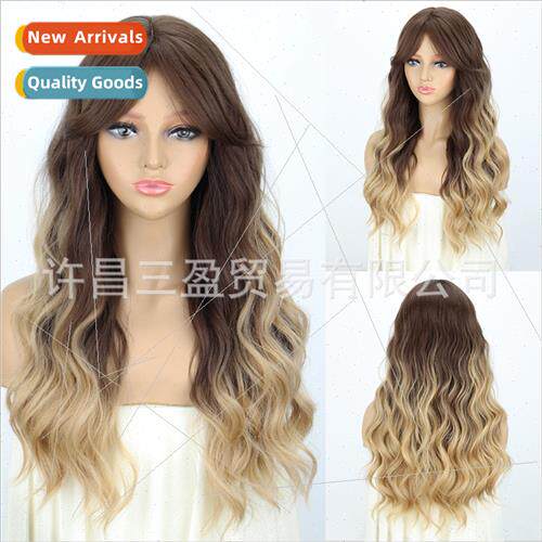 Europe big wave wig female eight bangs black gradient brown