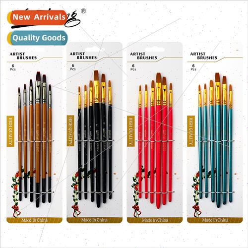 Nylon Hair 6pcs Flat Head Wooden Rod Paintbrush Set Red Blue