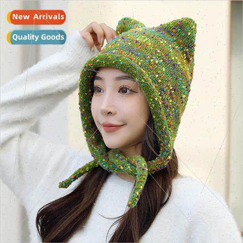 Woolen cap children cat ears rainbow color pigtail knted hat