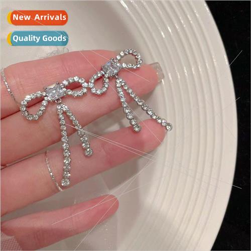 Celebry diamond encrusted long bow stud earrings female nich