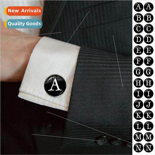 Accessories 26 Letter Glass Domed Cufflinks Black Button Lea