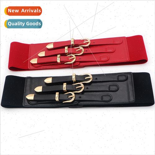 Retro tide three rows pin buckle PU leather waist seal femal