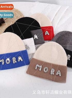 Fashion rhinestone letters colorblocking wool cap female aut