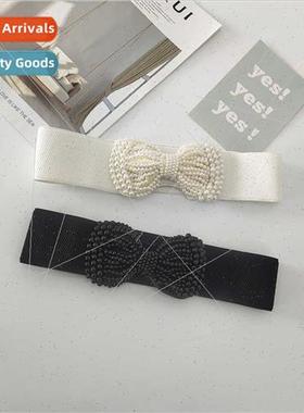Pearl bow thin belt female decorative waist seal skirt elast