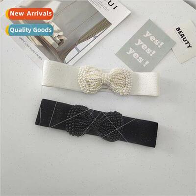 Pearl bow thin belt female decorative waist seal skirt elast