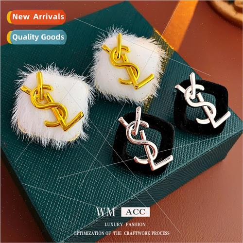 lver needle square metal letters plush earrings fall winter