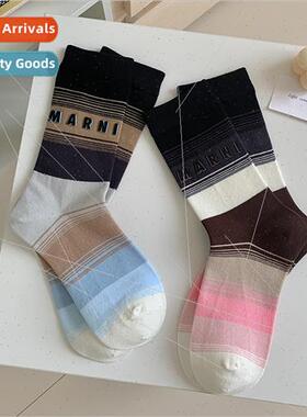 Early autumn new women cotton socks color blocking pinstripe
