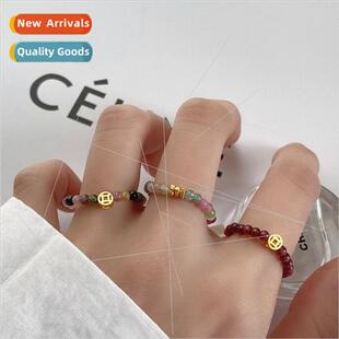 Tourmaline Beaded Elastic Adjustable Ring Women che Copper B