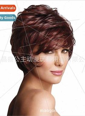 Europe Wigs Ladies Short Hair Burgundy Short Curly Hair Whe