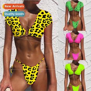 Sexy Half Sleeve Bikini Color Swimsu Solid Leopar Spl