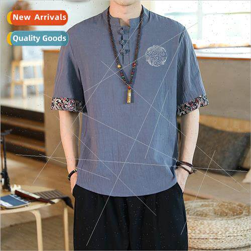 2022 new men cotton linen linen short-sleeved men ethnic win
