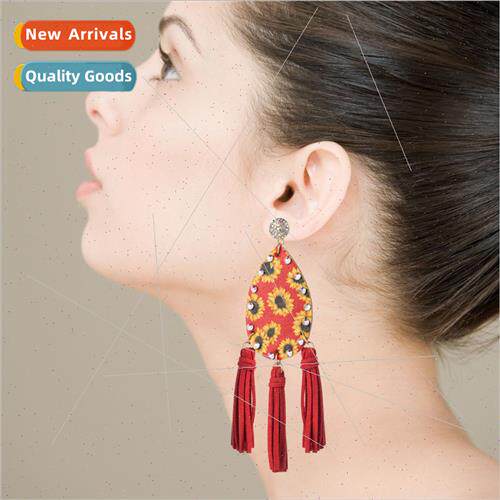 Europe double-sided printing long tassel daisy earrings bohe