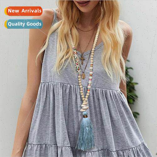 Europe new handmade wooden beaded long necklace line tassel