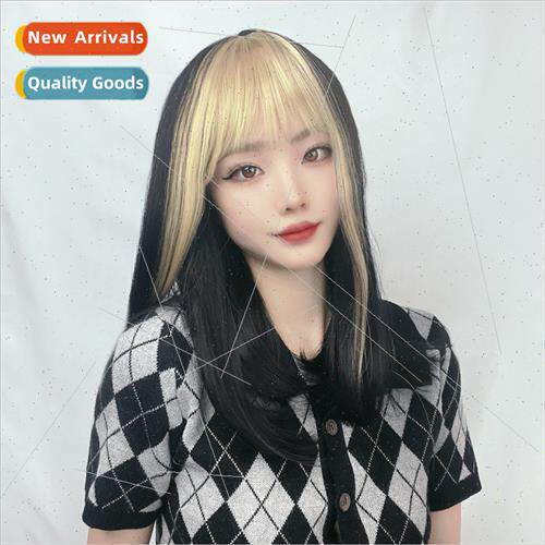 Wig female  blonde bangs dyed medium long hair chemical fibe