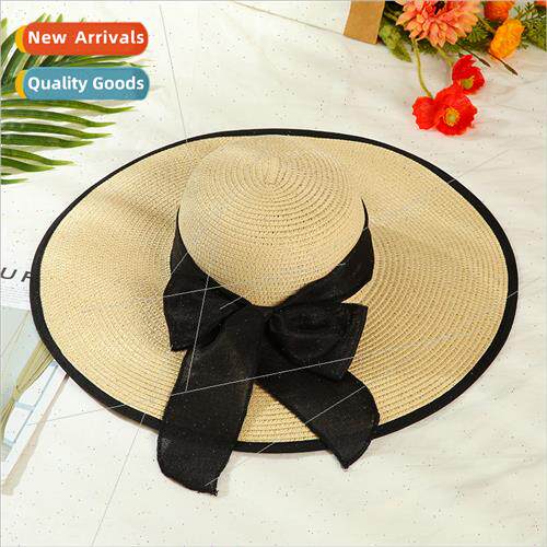 Summer Korean  large-brimmed women bow straw hat beach sun-s
