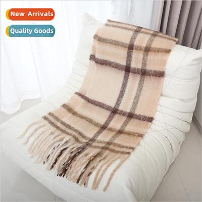 Mohair plaid tassel scarf female autumn winter 2023 new thic