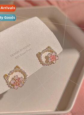 Pink flowers cute cat earrings female sweet fashion flower e
