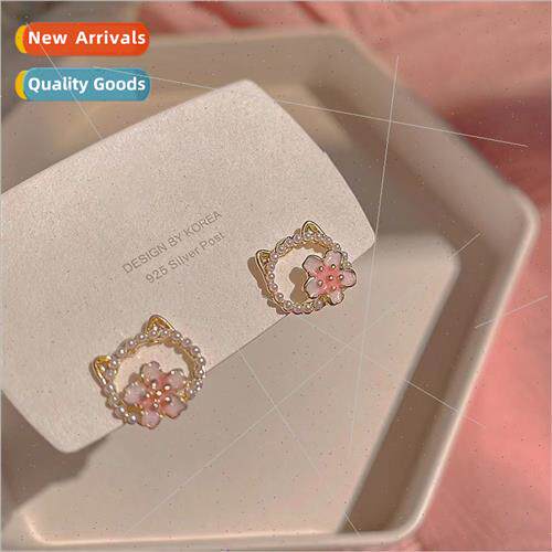 Pink flowers cute cat earrings female sweet fashion flower e
