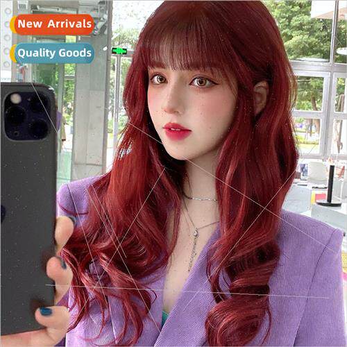 Wig female long hair big wave burgundy long curly hair air b