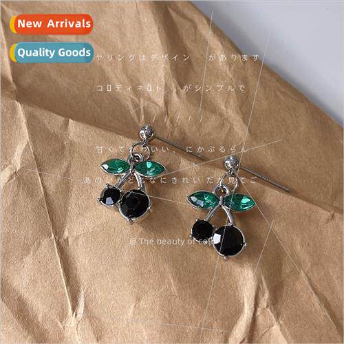 New Black Cherry 925 silver pin girl earrings female ins sen