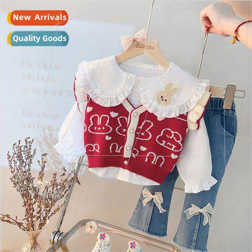 Autumn new girls suit fall childrens knitted vest white shir