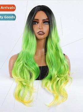Europe wigs center parted dyed black gradient green yellow l