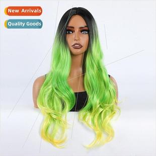 Europe wigs center parted dyed black gradient green yellow l