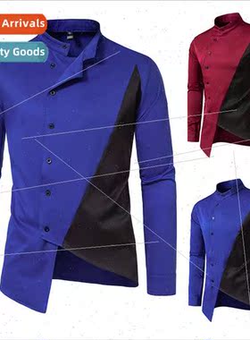 2023 Men Casual Shirt Irregular Colorblocking StCollar Color