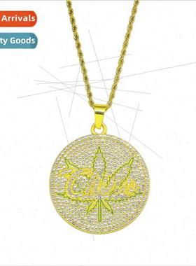 Europe hip-hop leaves full diamonds round sign pendant long